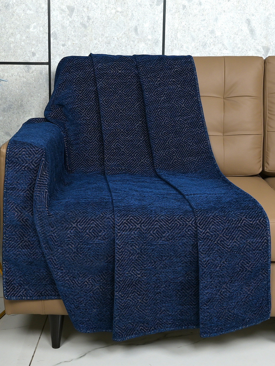 Saral Home Navy Blue Geometric 2 Seaters Reversible Sofa Throw