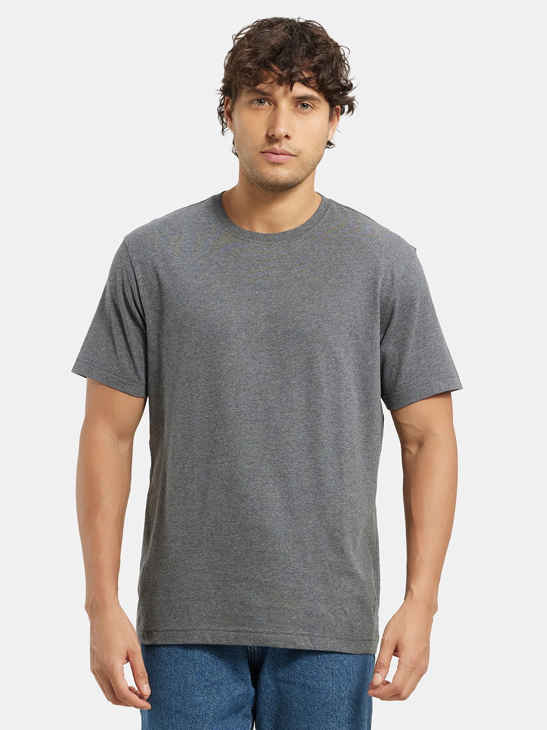 Jockey Men Charcoal Grey Solid Comfort Fit Round Neck Athleisure T-shirt 2714-0105