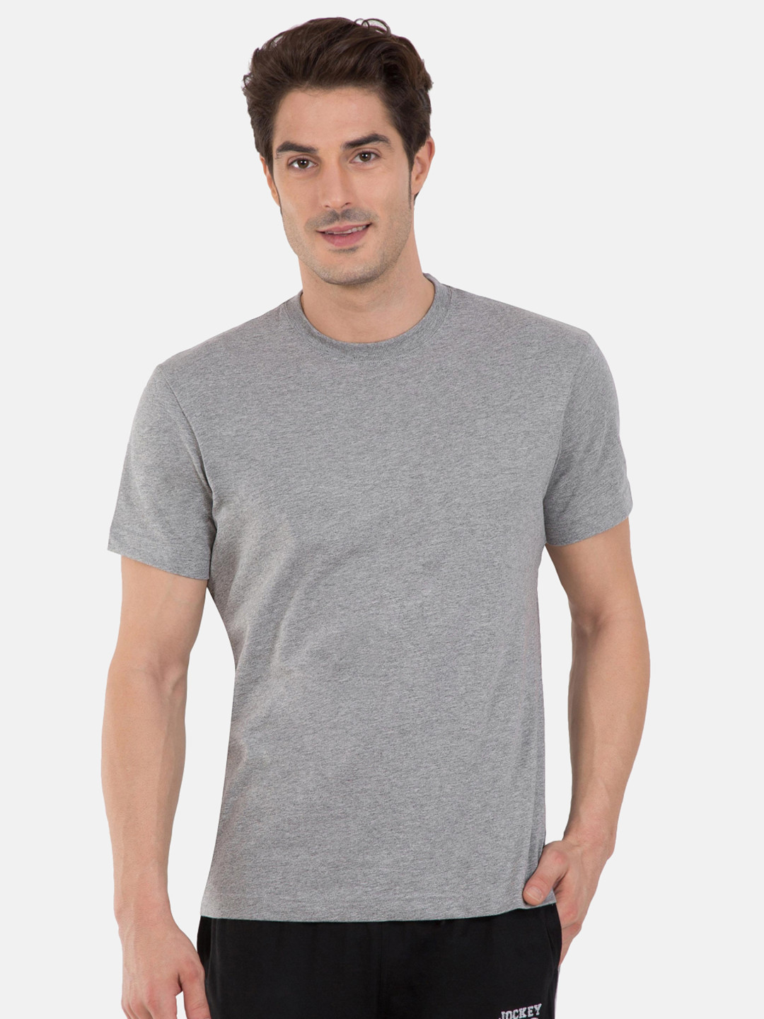 Jockey Men Grey Melange Solid Round Neck Athleisure Regular Fit T-shirt 2714-0105