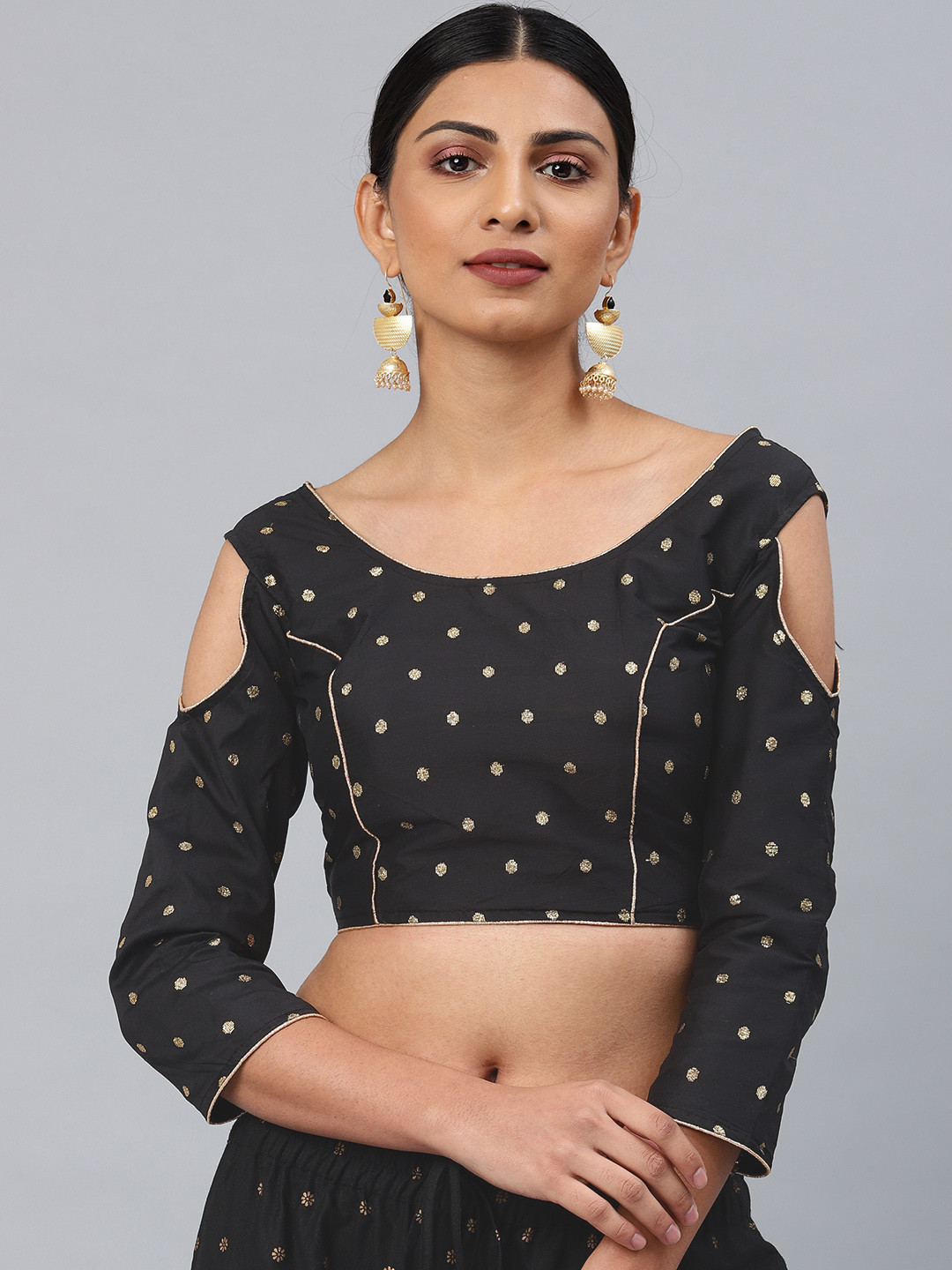 Aarrah Women Black Woven Design Padded Ready Made Saree Blouse