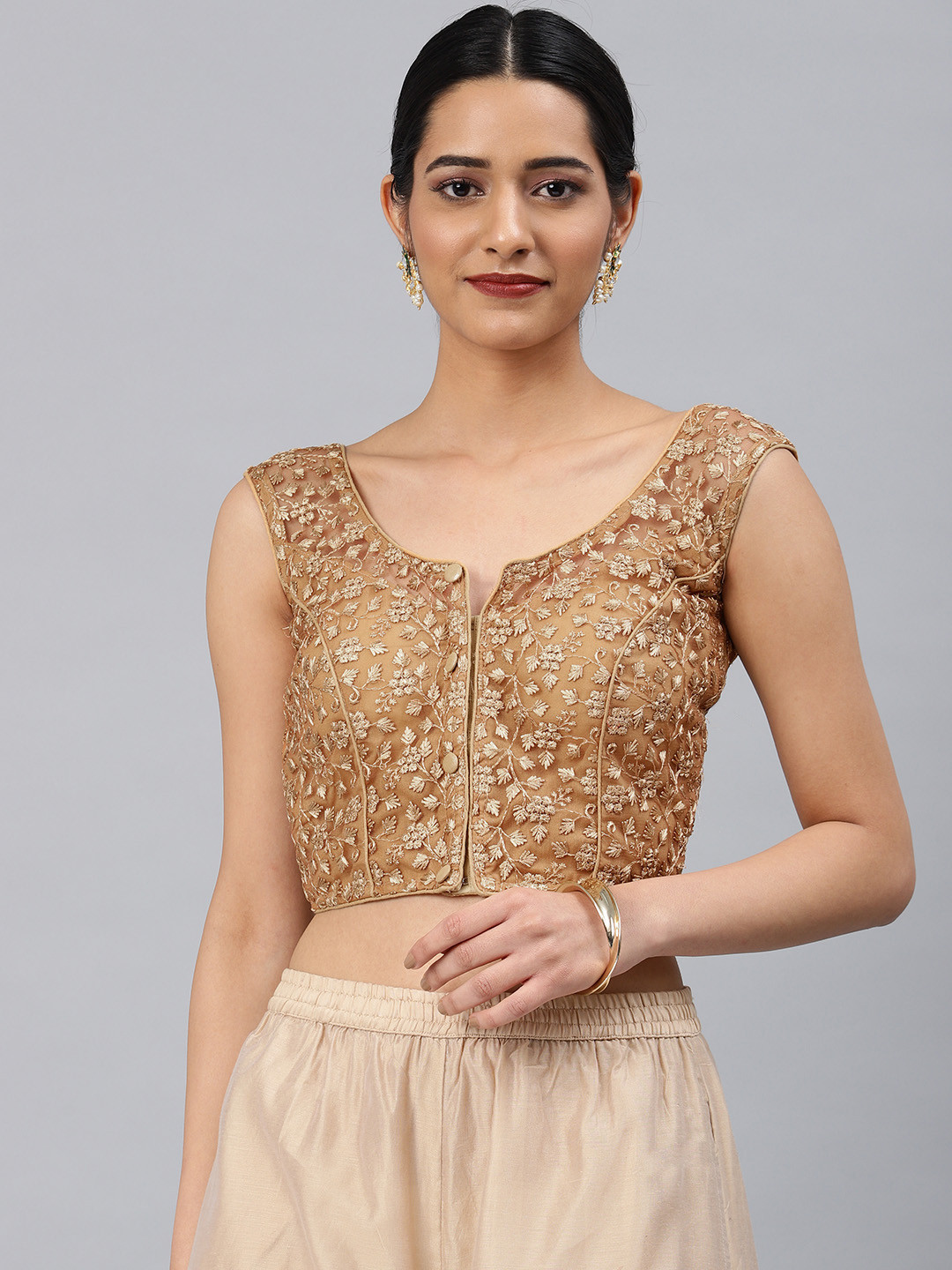 Aarrah Women Beige Embroidered Phantom Padded Saree Blouse
