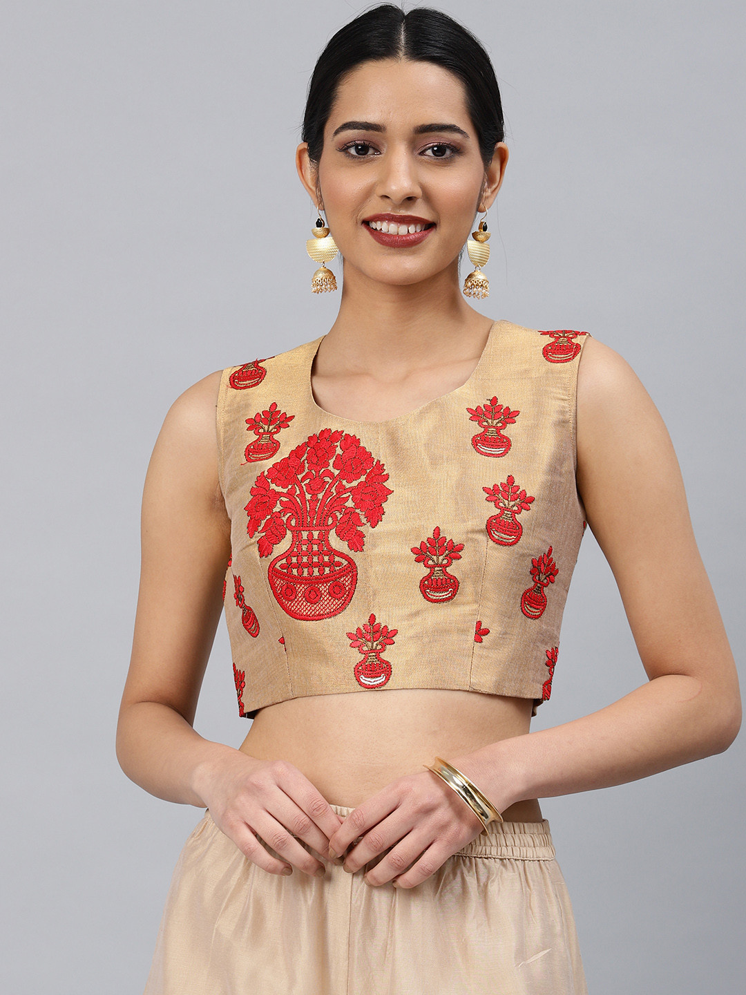 Aarrah Women Gold-Toned & Red Jacquard Embroidered Padded Ready Made Saree Blouse