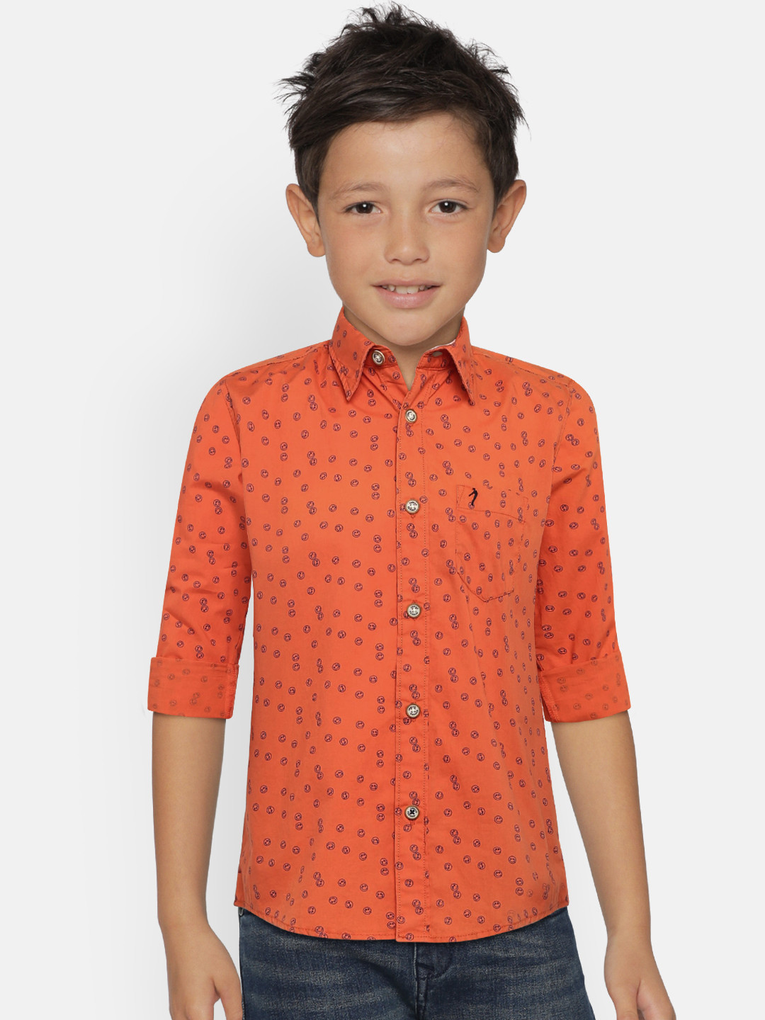 Indian Terrain Boys Orange & Navy Blue Printed Regular Fit Casual Shirt