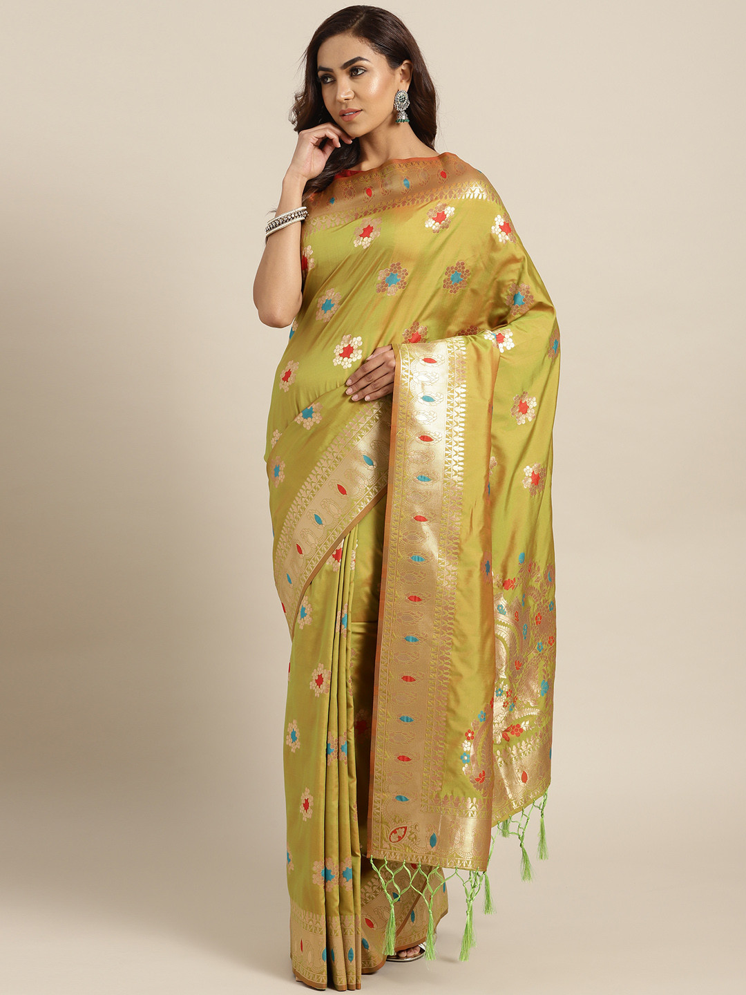Chhabra 555 Green & Golden Dual-Toned Woven Design Handloom Banarasi Saree