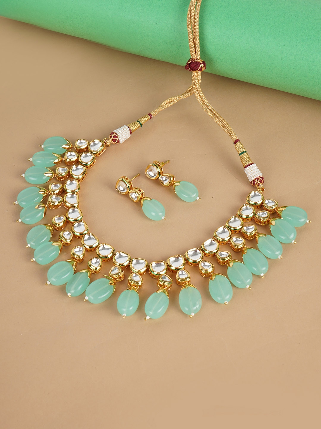 FIROZA Women Sea Green Gold Plated Kundan Studded Beaded Vilandi Jewellery Set