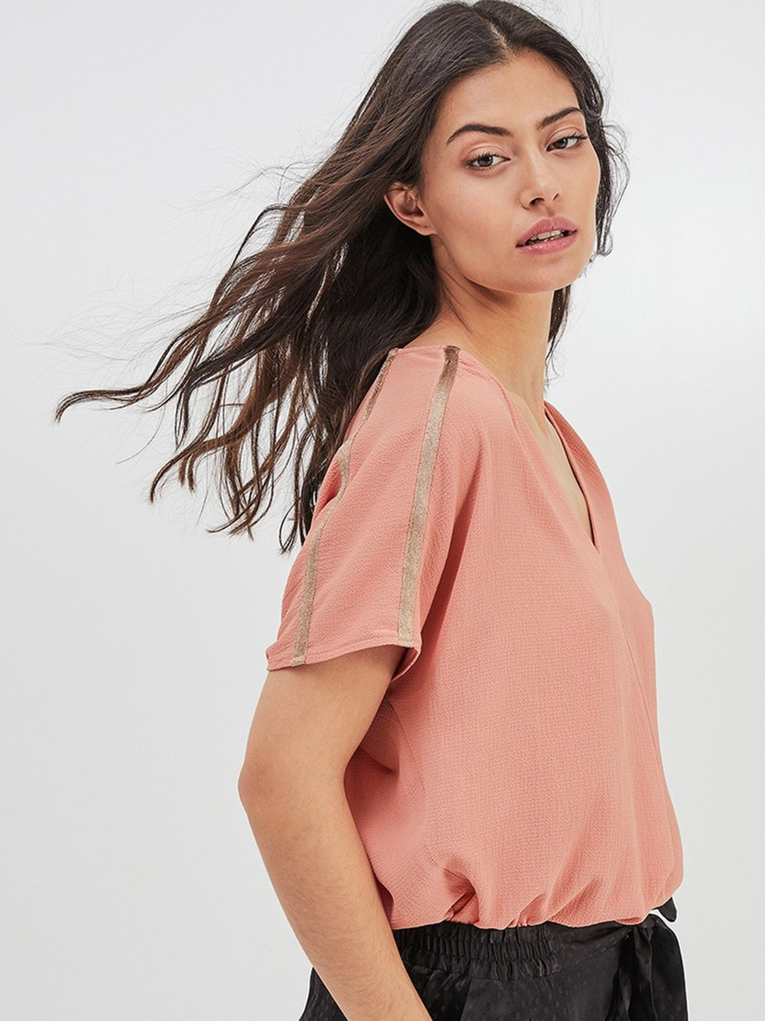 promod Women Peach-Coloured Solid High-Low Top