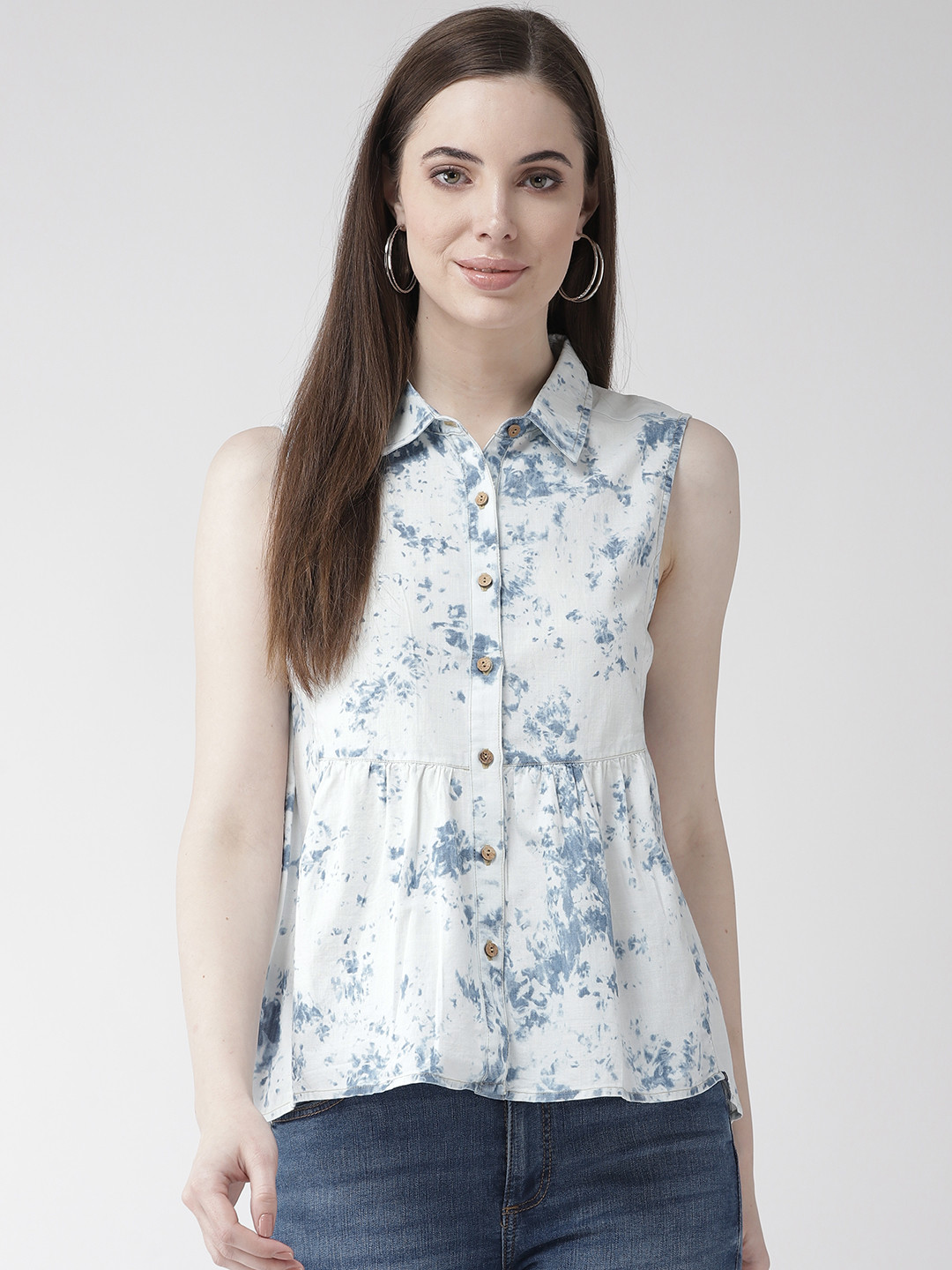 Xpose Women White & Blue Regular Fit Chambray Printed Casual Shirt