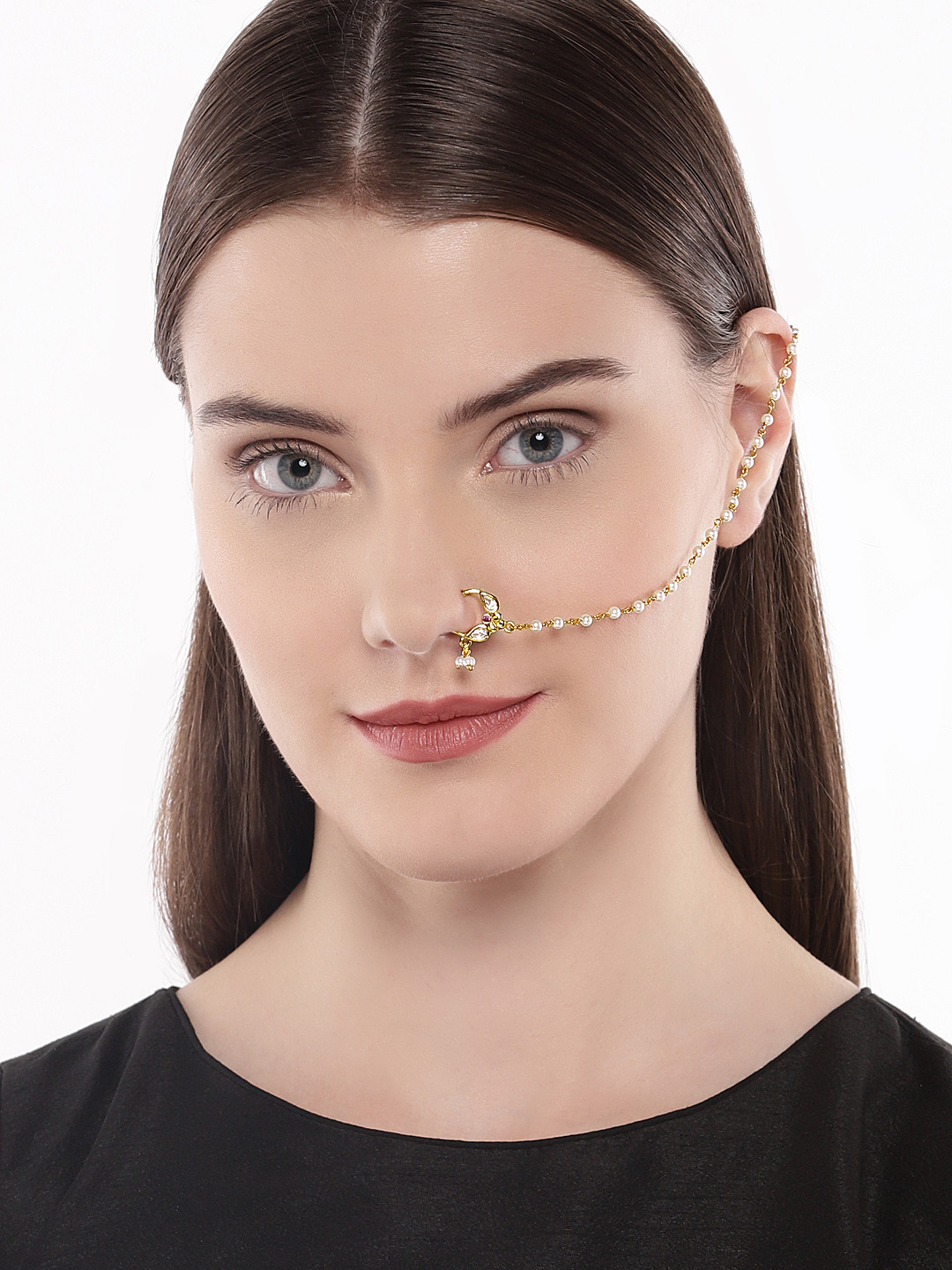 AccessHer Gold-Plated Vilandi Kundan Stone and Pearl-Studded Chained Nose Ring