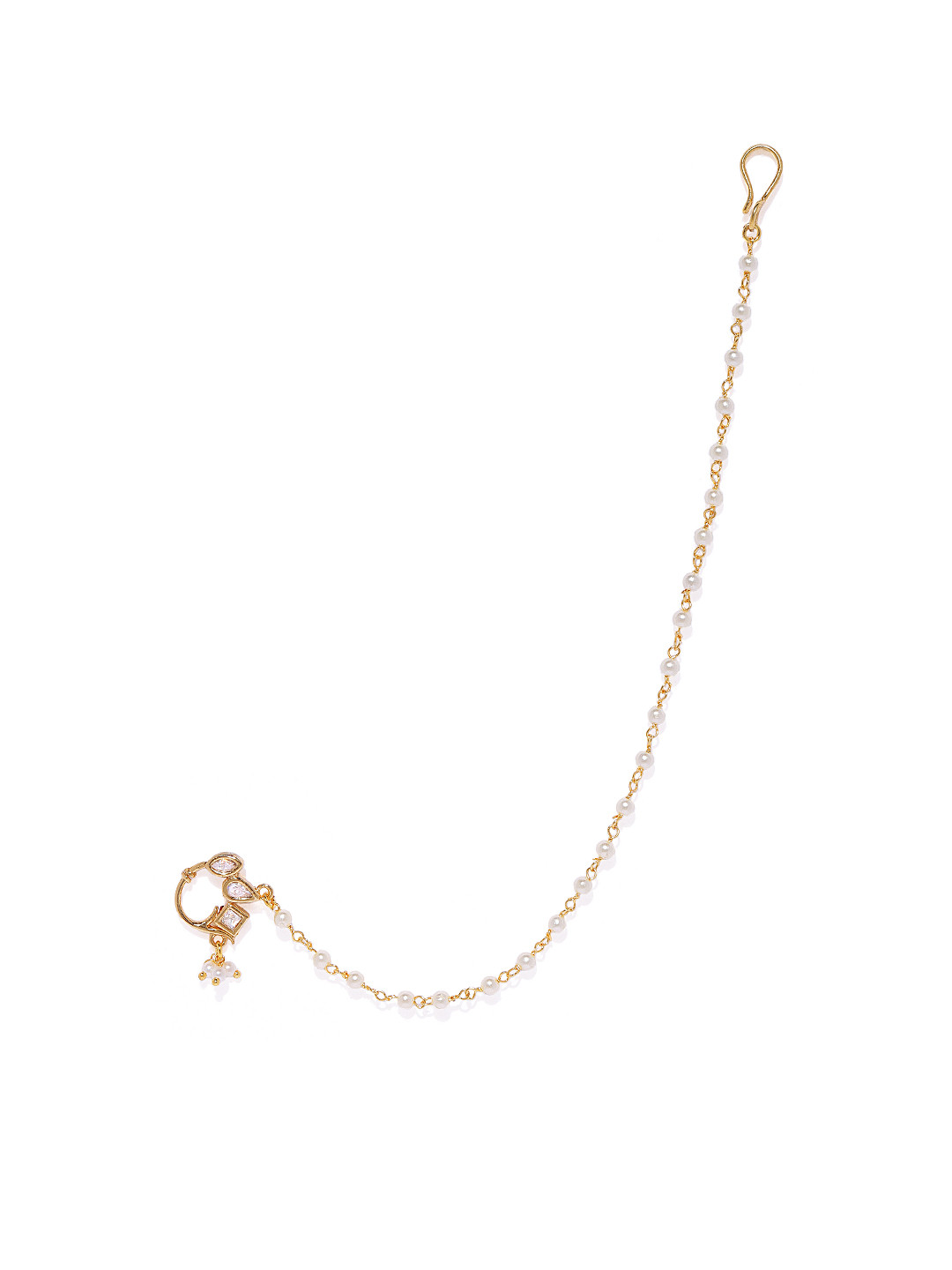 AccessHer Gold-Plated Vilandi Kundan Stone and Pearl-Studded Chained Nose Ring