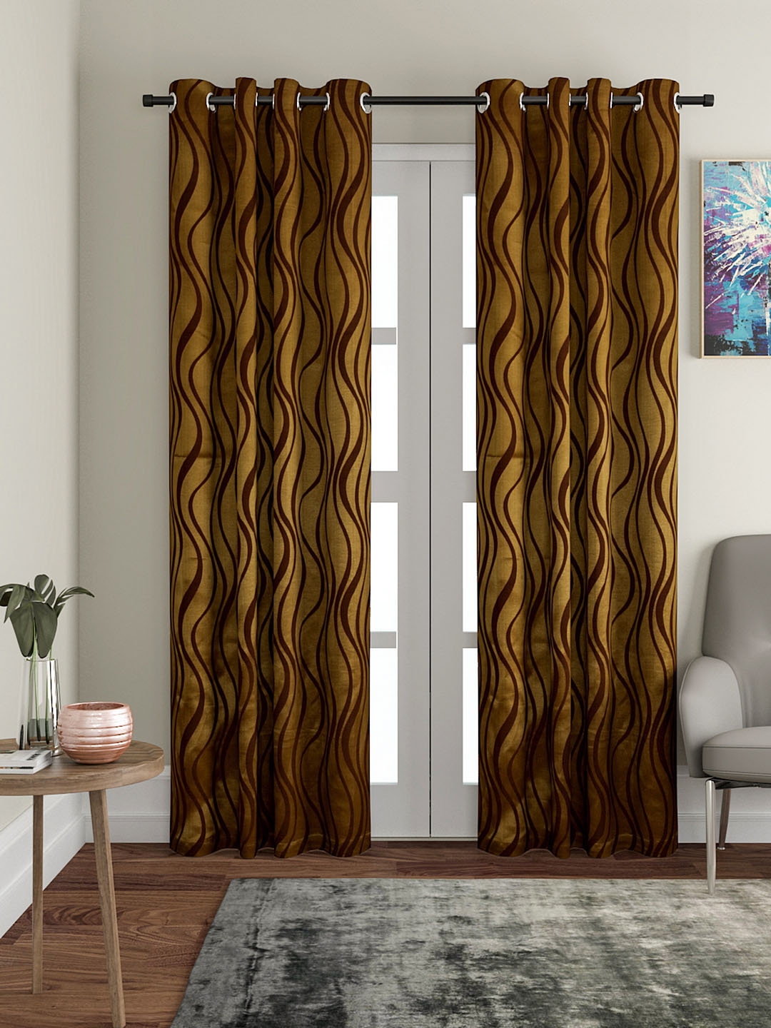 Vrinda Gold Coloured Brown Set Of 2 Long Door Curtains And Sheers For Uni 9953729 Myntra Vrinda Gold Coloured Brown Set Of, Chocolate Brown And Gold Curtains