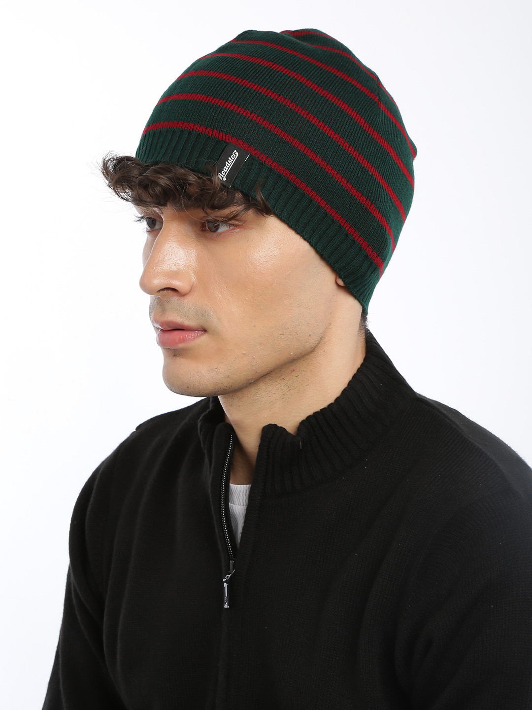 The Roadster Lifestyle Co Unisex Green & Red Striped Beanie