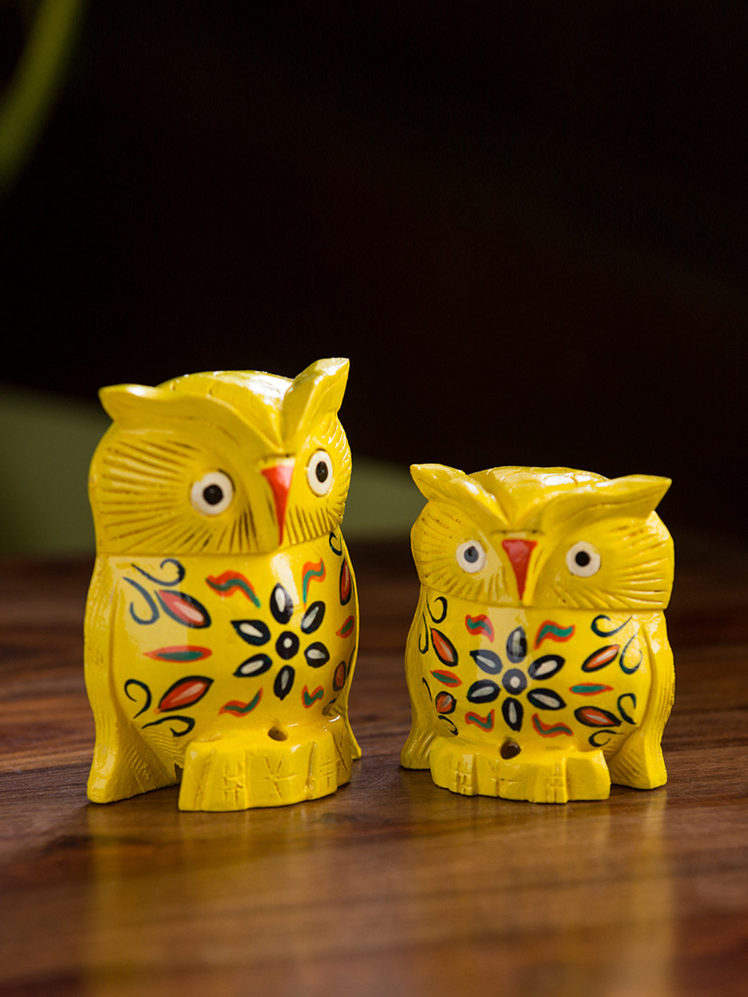 ExclusiveLane Set of 2 Wooden Hand Carved & Hand Painted Owl Showpieces