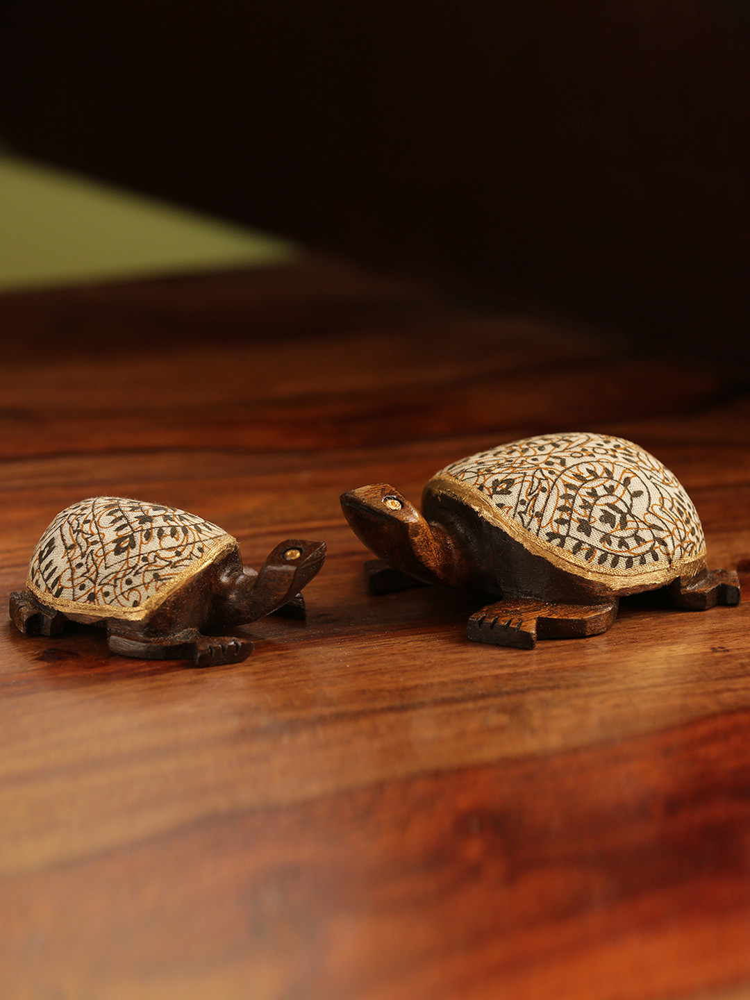 ExclusiveLane Set of 2 Brown Wooden Handcarved Turtles Showpieces