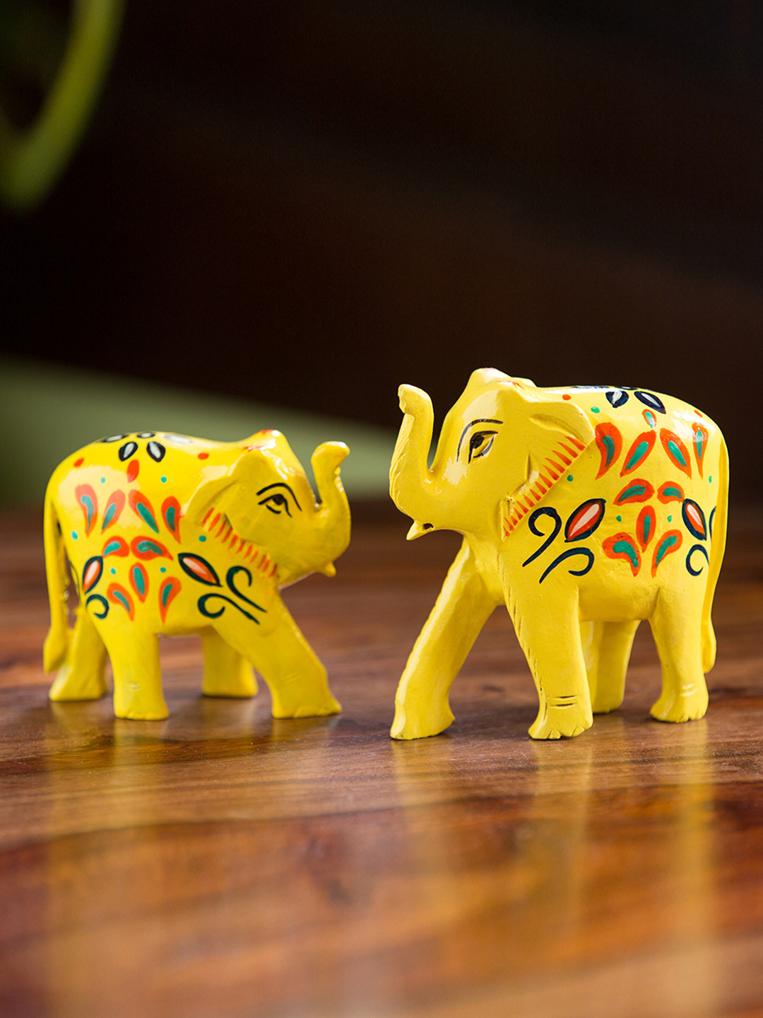 ExclusiveLane The Sunny Elephants Yellow Wood Natural Living Room Hand Carved Set of 2 Small Showpieces - 4.9 Inches