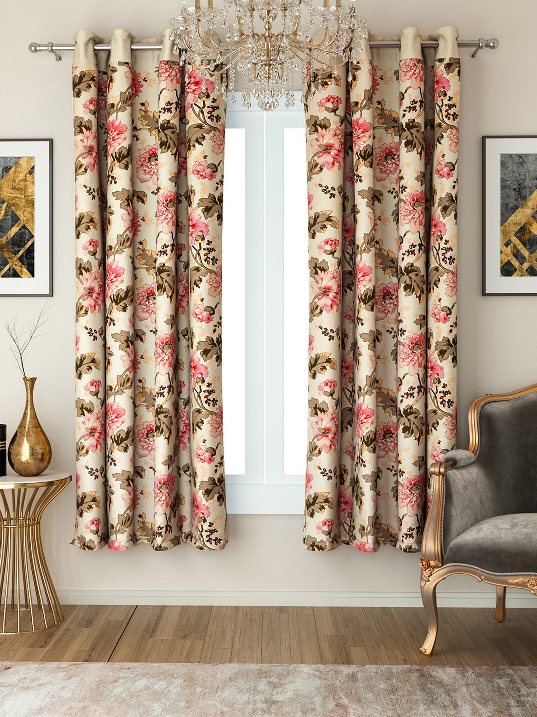 SWAYAM Cream-Coloured & Brown Casement 220 GSM Single Floral Printed Window Curtains