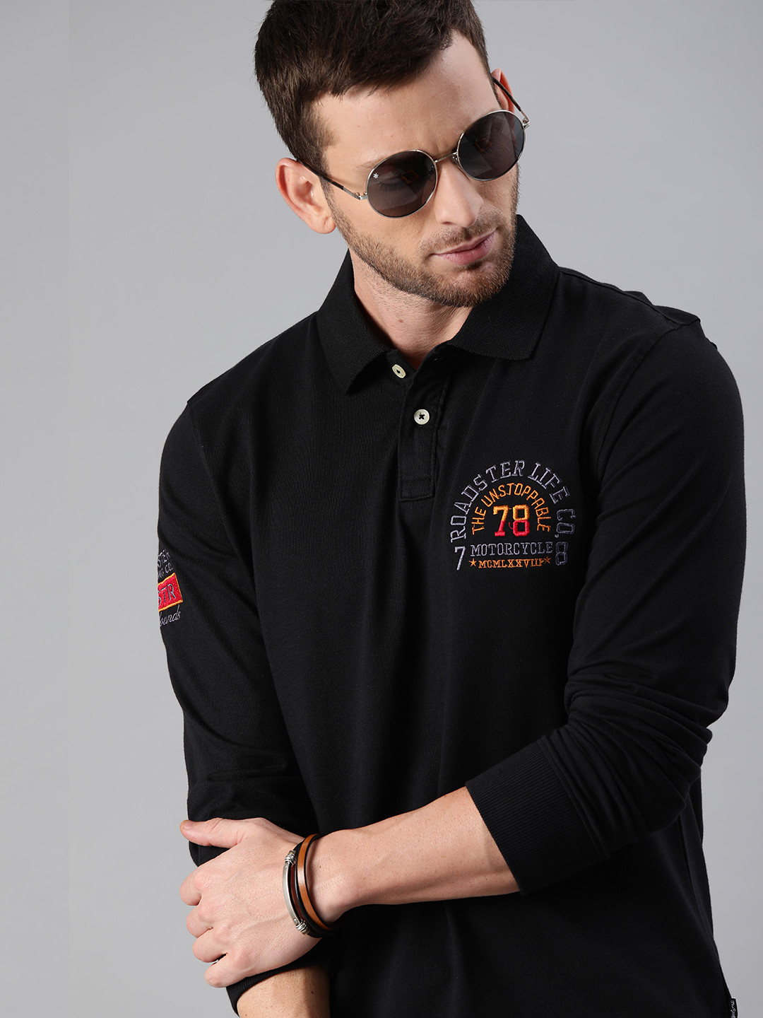 The Roadster Lifestyle Co Men Black Solid Polo Collar Pure Cotton T-shirt