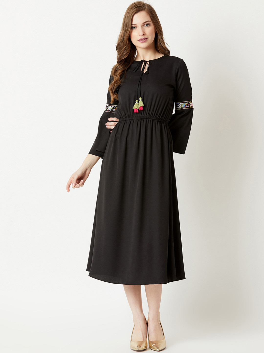 Miss Chase Women Black Fit & Flare Dress with Embroidered Sleeves