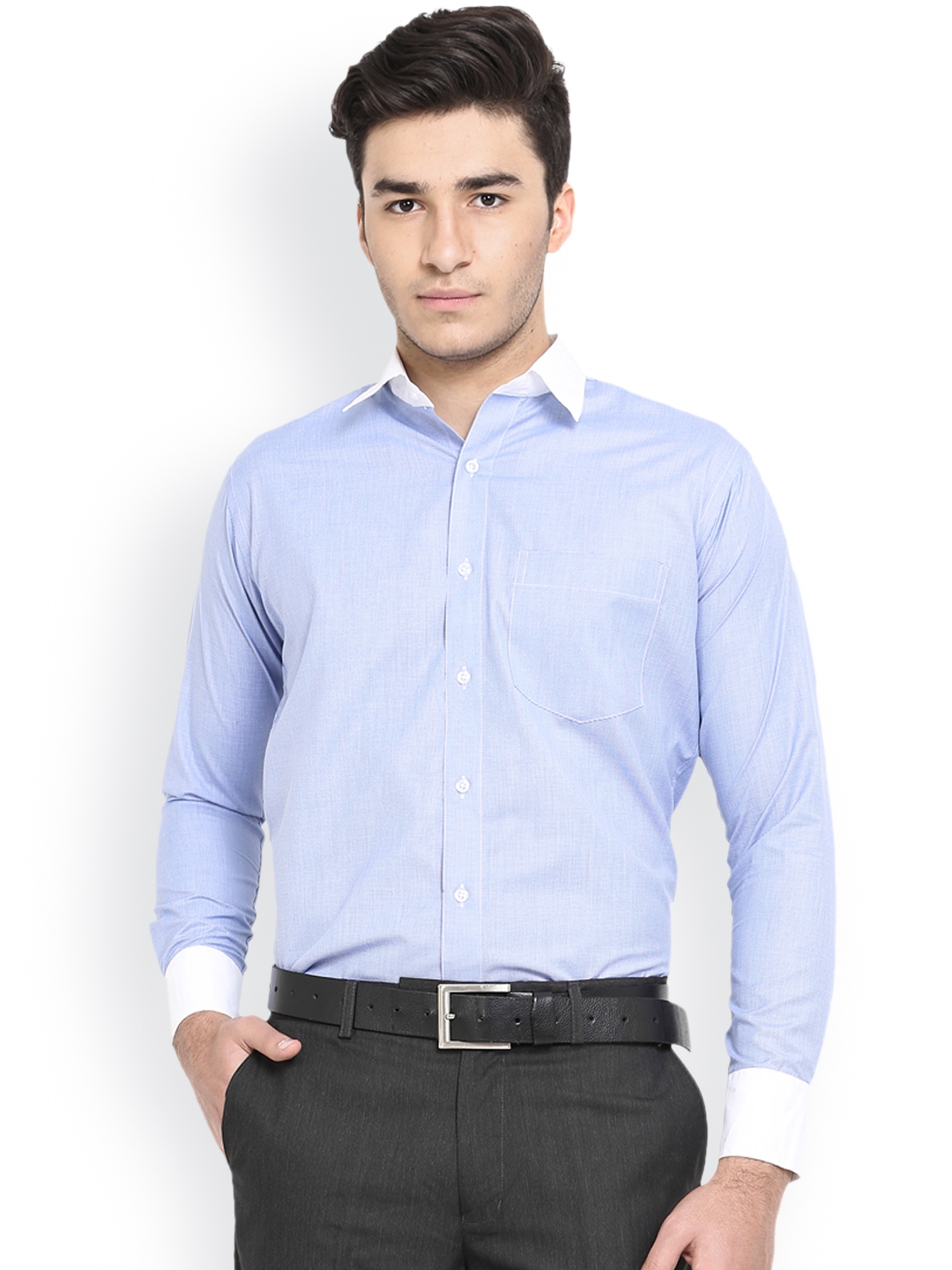 Men Blue Solid Slim Fit French Cuff Pure Cotton Formal Shirt