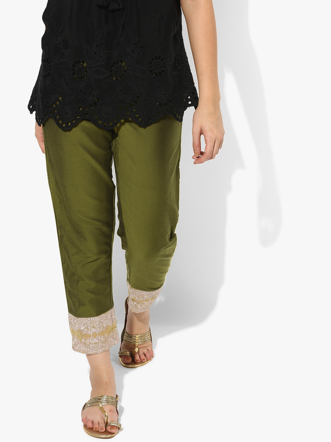 Olive Embroidered Slim Fit Coloured Pants
