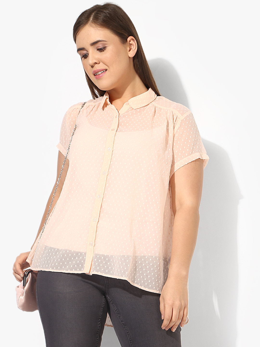 nexus Women Plus Size Peach-Coloured Dobby Weave Casual Shirt with Lining