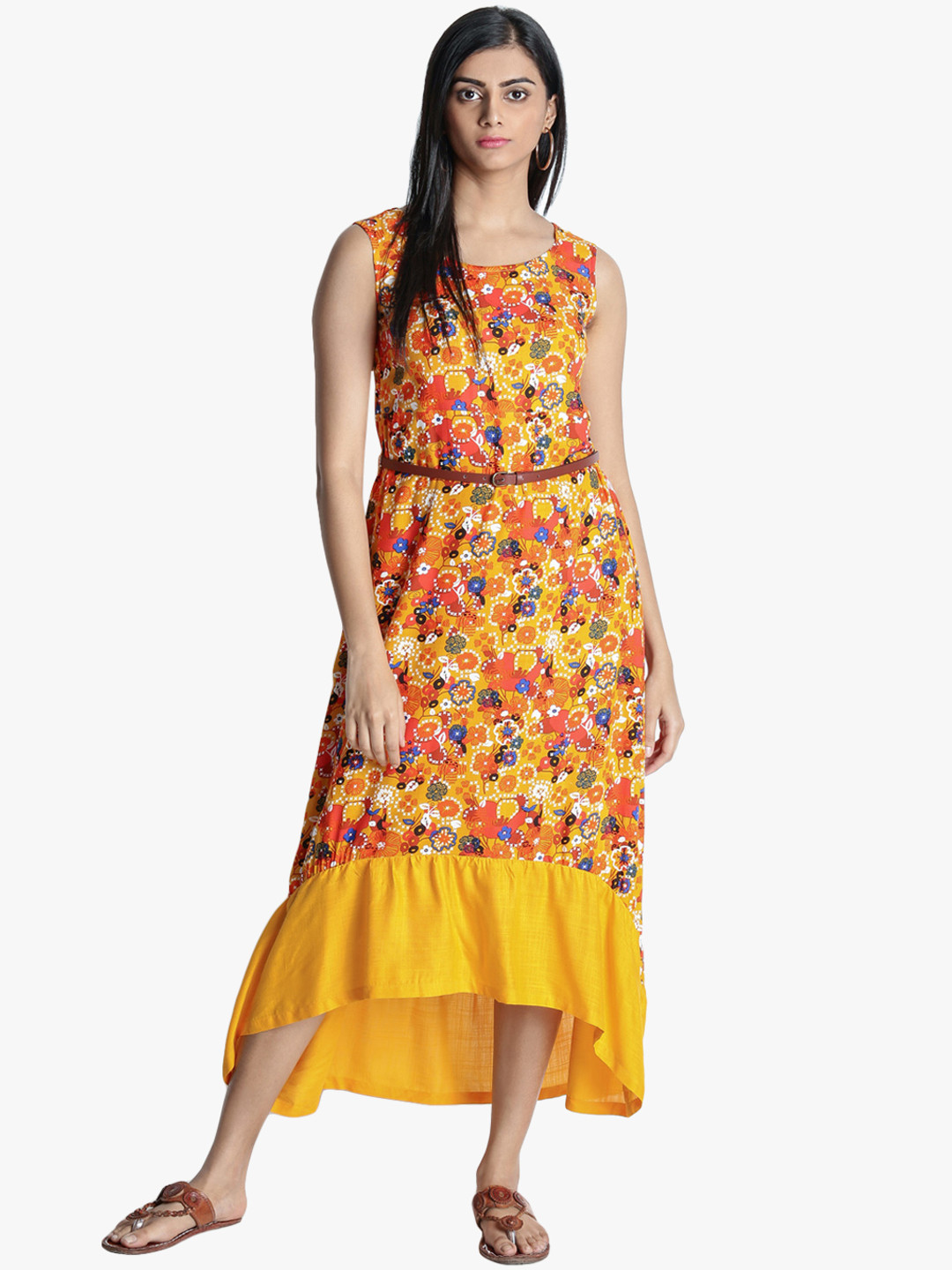 AKKRITI BY PANTALOONS Mustard Yellow & Orange Floral Printed A-Line Midi Dress