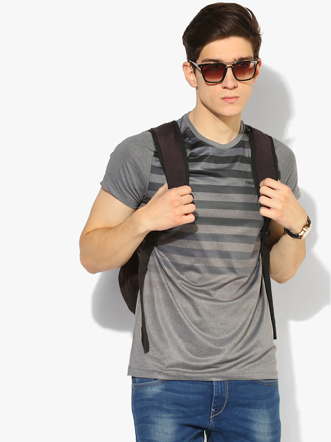 Grey Striped Round Neck T-Shirt