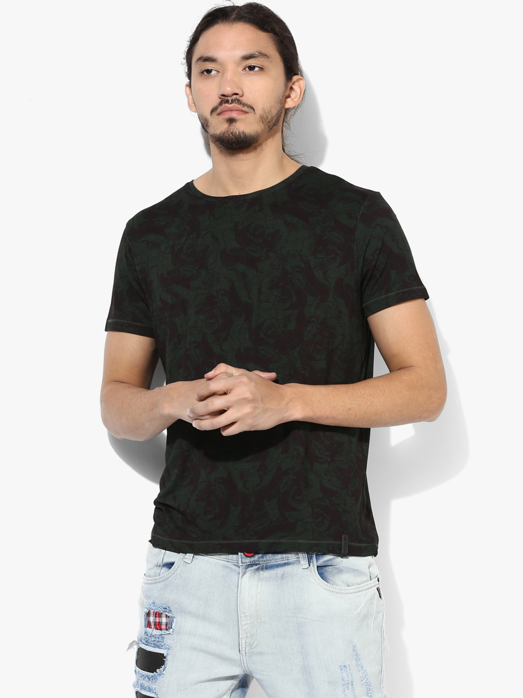 Olive Printed Slim Fit Round Neck T-Shirt