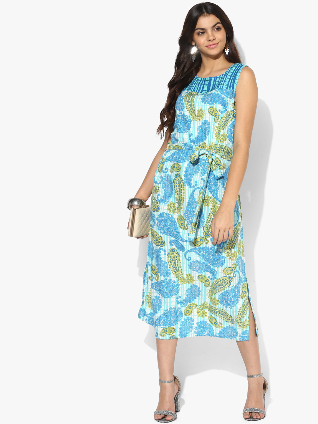AKKRITI BY PANTALOONS Blue & Yellow Paisley Printed A-Line Midi Dress