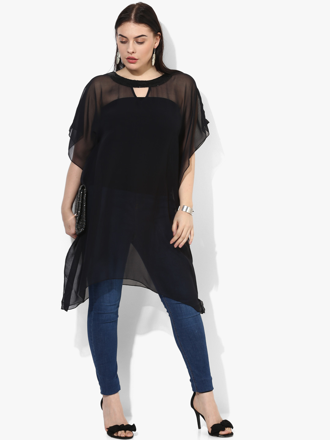 Qurvii Plus Size Black Sheer Solid Tunic