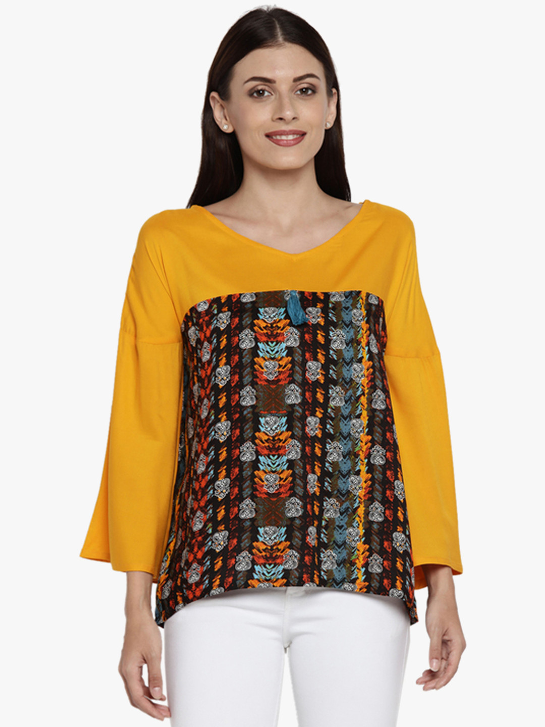 AKKRITI BY PANTALOONS Black & Mustard Yellow Printed Blouse