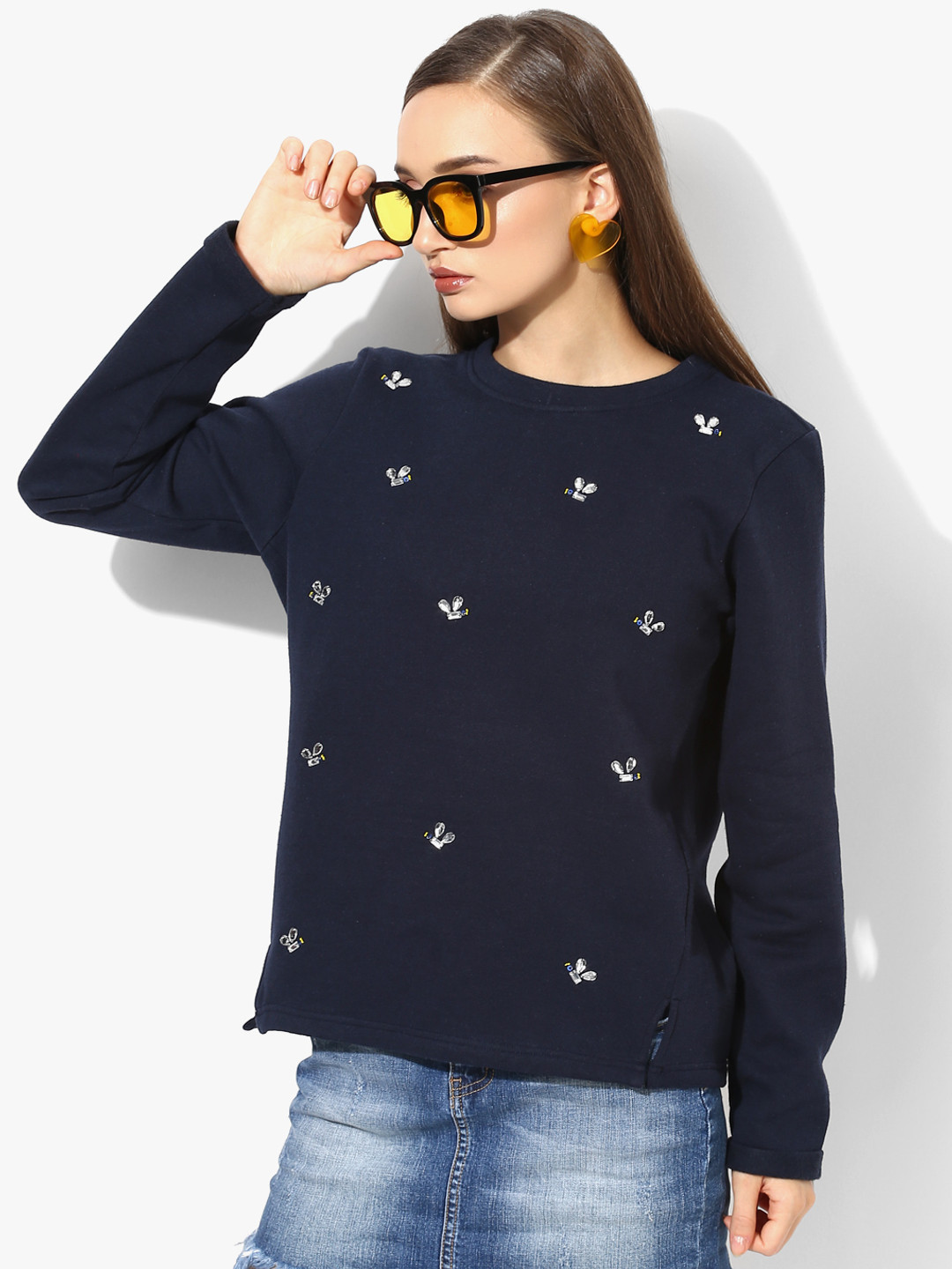 Antheaa Navy Blue Self Design Sweatshirt
