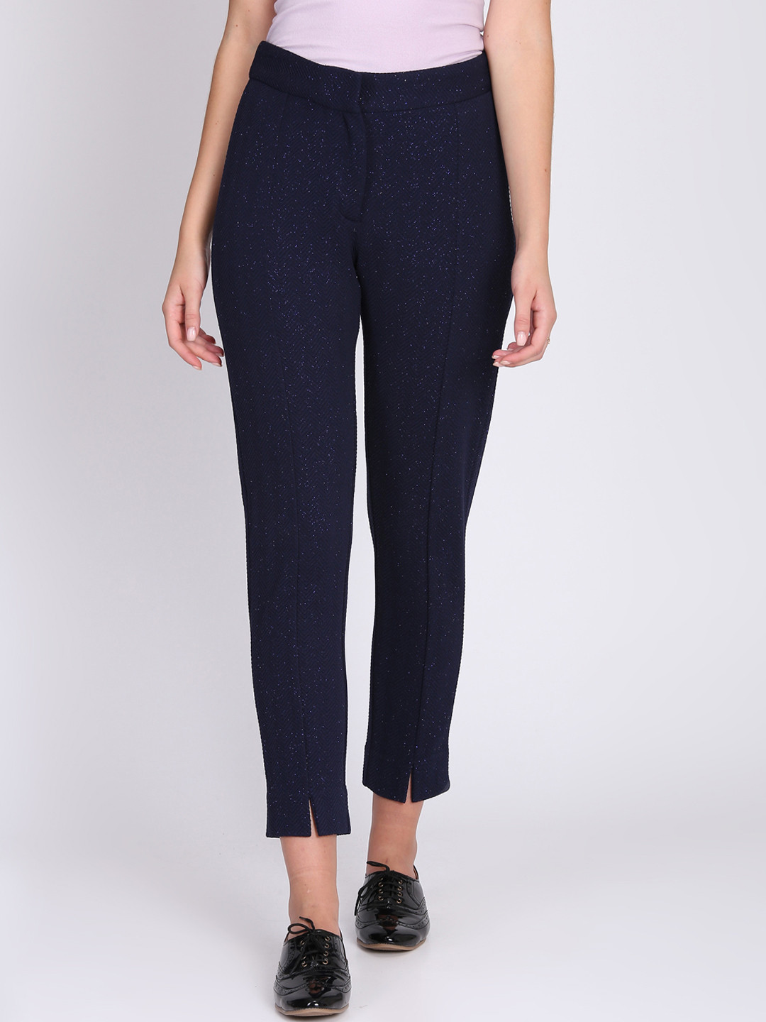 NIZA Women Navy Blue Slim Fit Self Design Cigarette Trousers