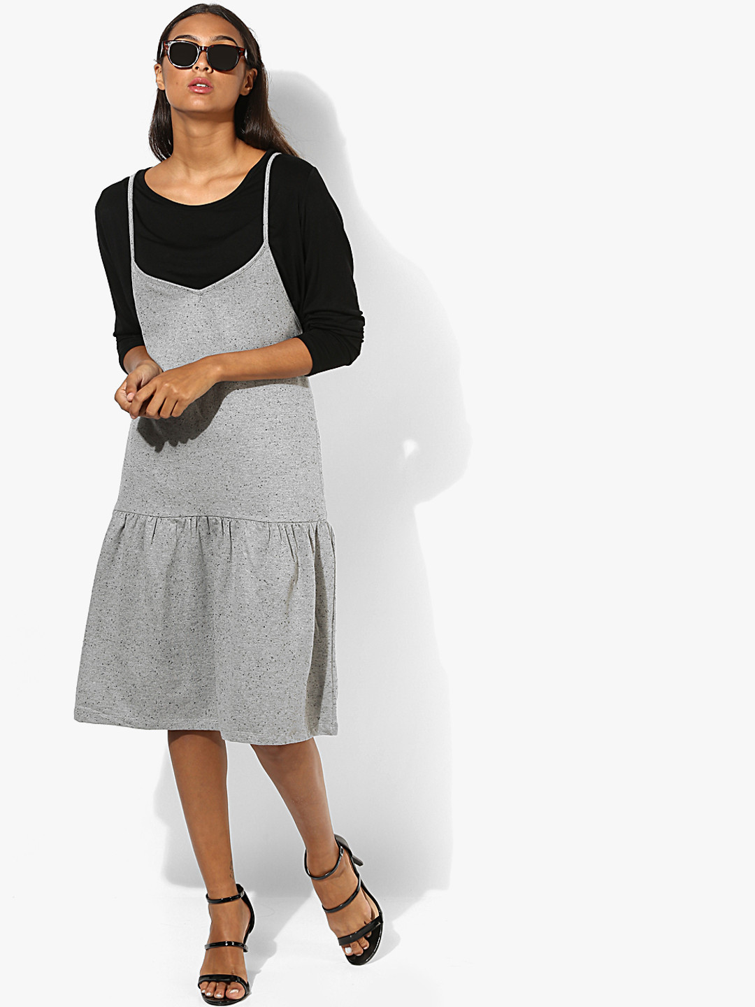 EVAH LONDON Women Grey Melange Solid Pinafore Dress