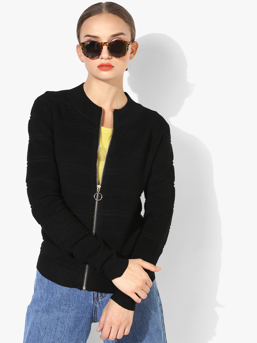 Deal Jeans Women Black Self-Striped Cardigan