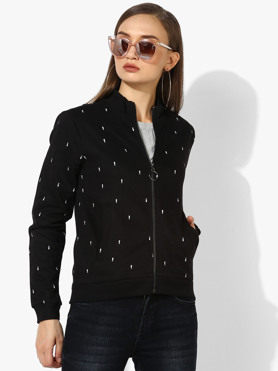 Deal Jeans Women Black Printed Open Front Jacket