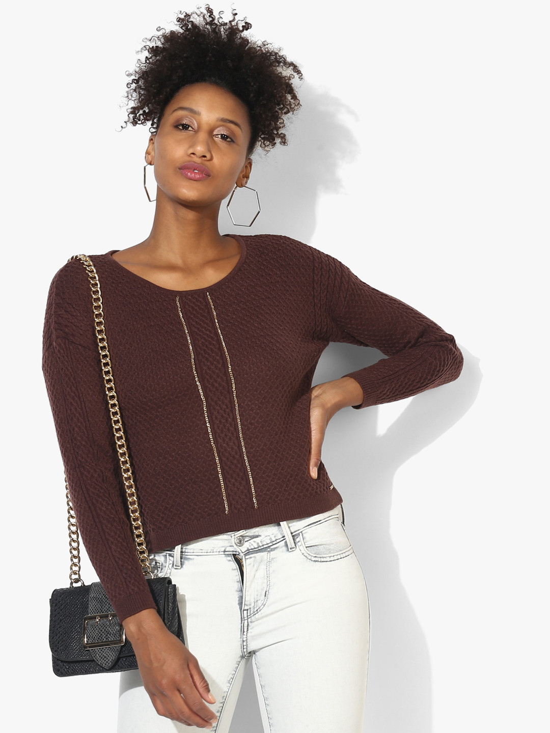 Brown Self Design Sweater