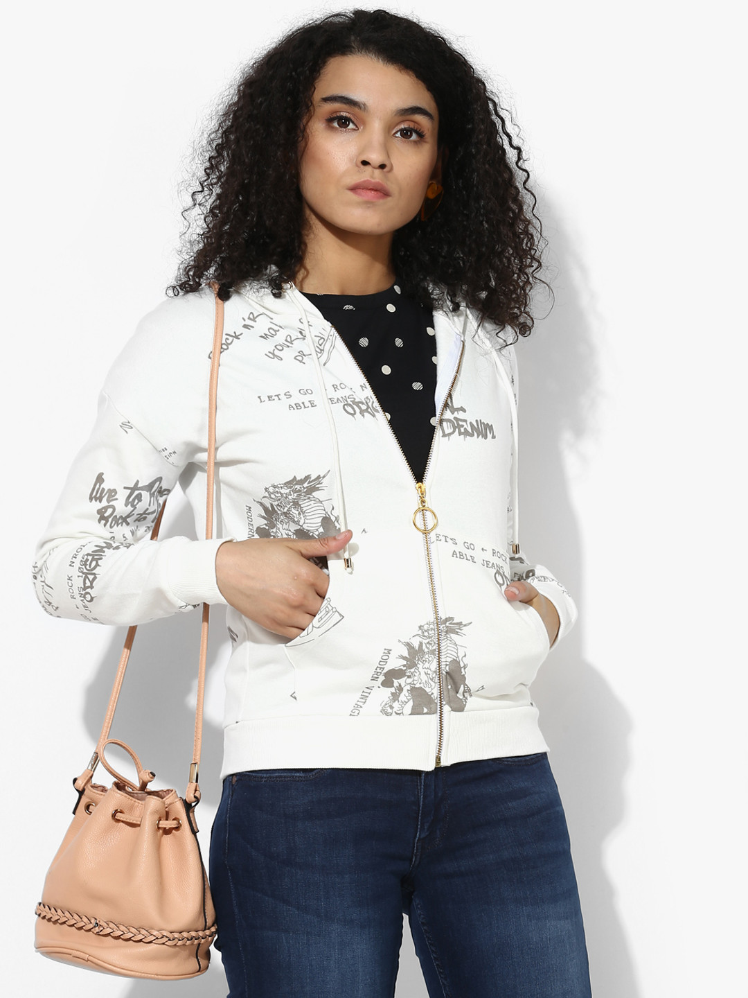Deal Jeans Women White Printed Open Front Jacket