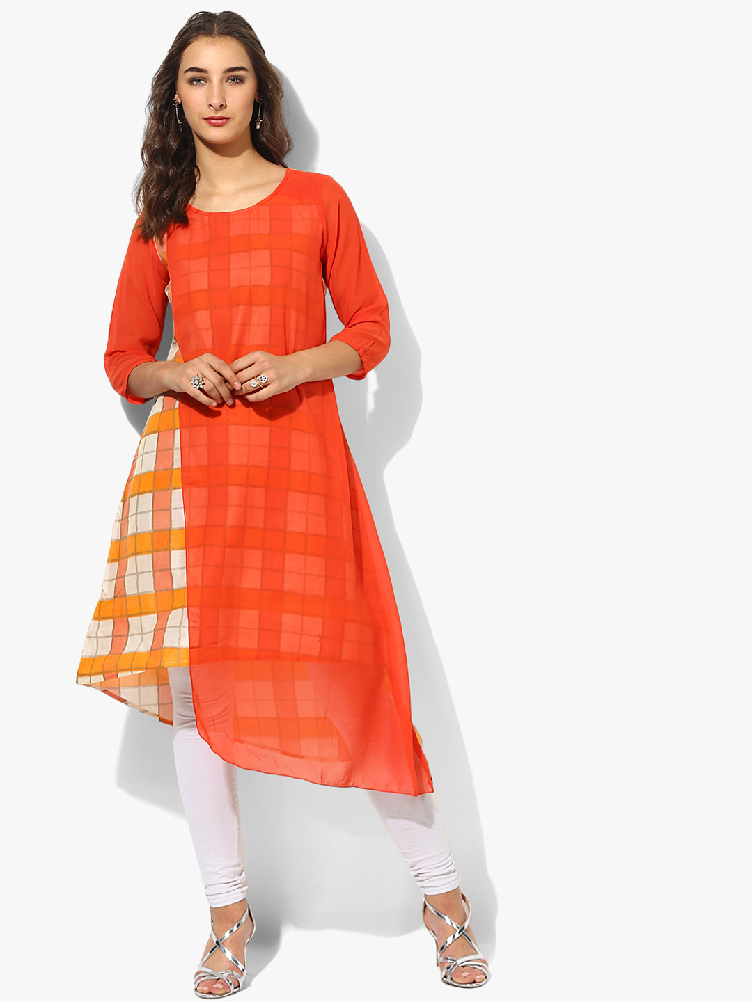 RANGMANCH BY PANTALOONS Women Orange & White Checked A-Line Kurta