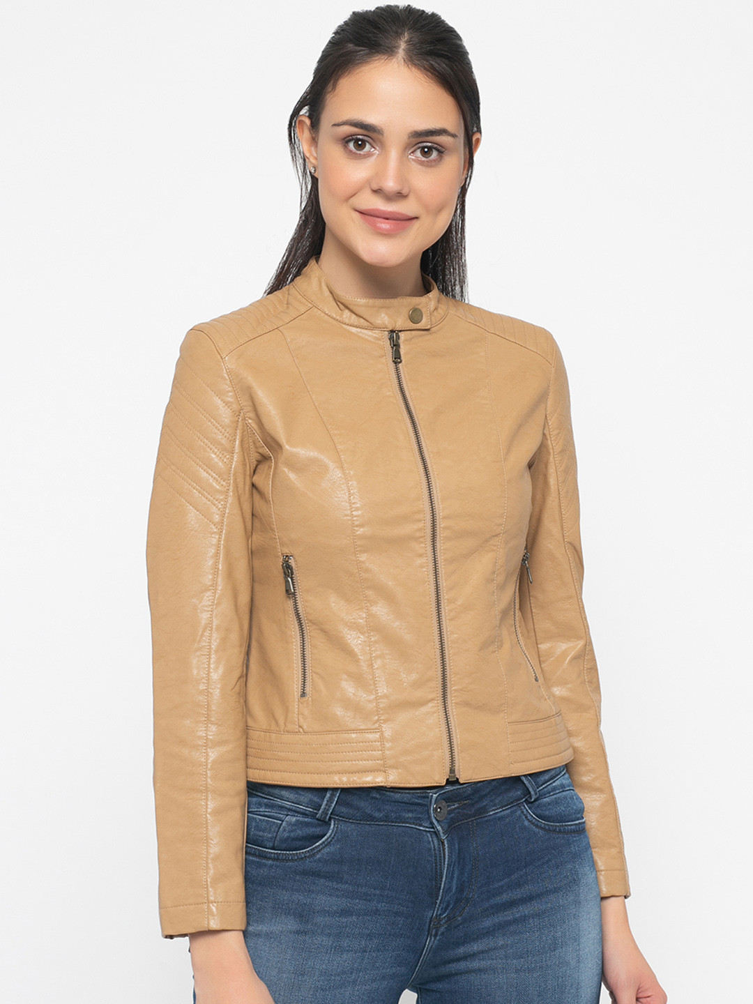 Gipsy Women Tan Solid Biker Jacket