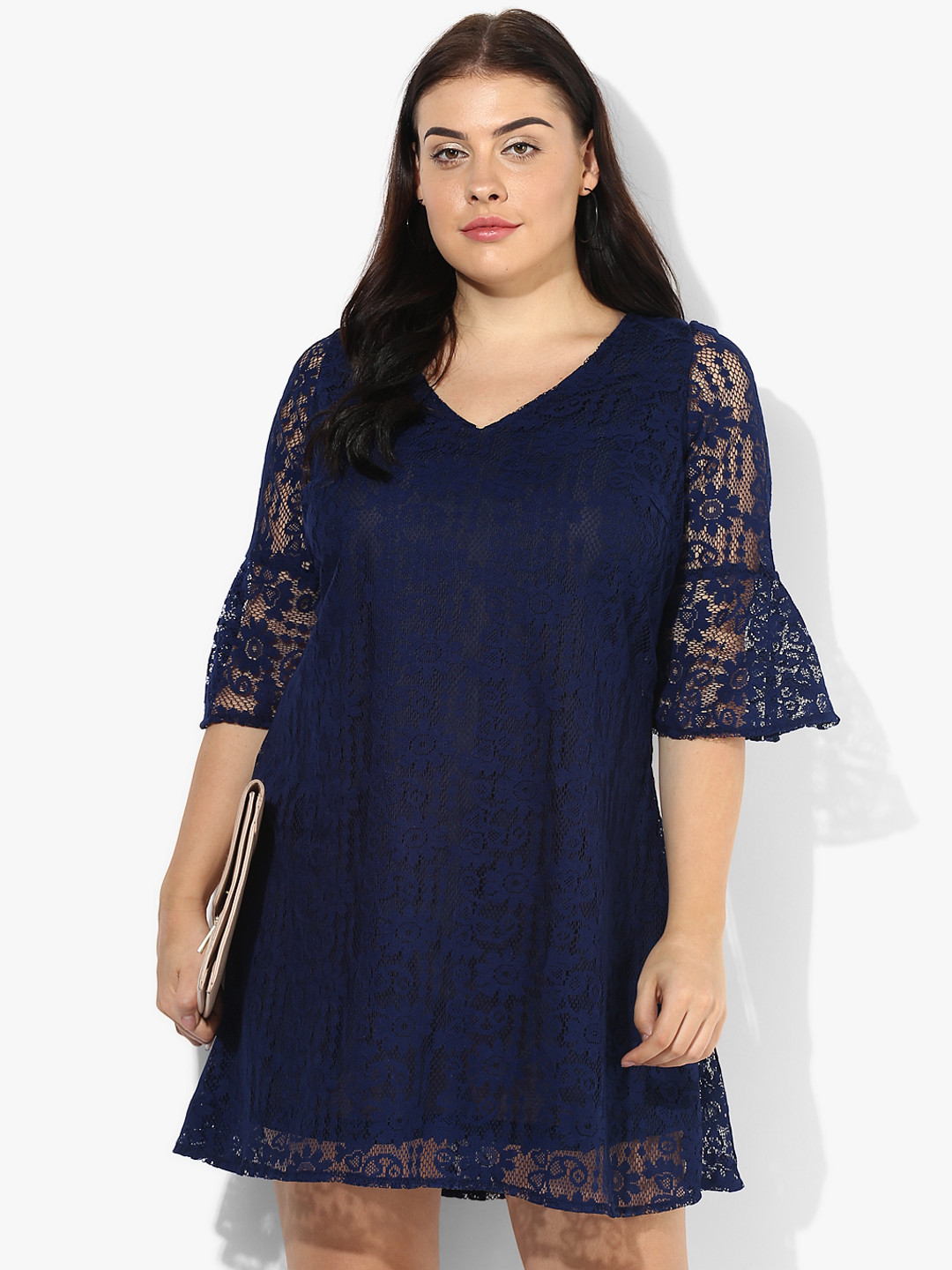Qurvii Plus Size Women Navy Blue Self Design Bell Sleeves A-Line Dress