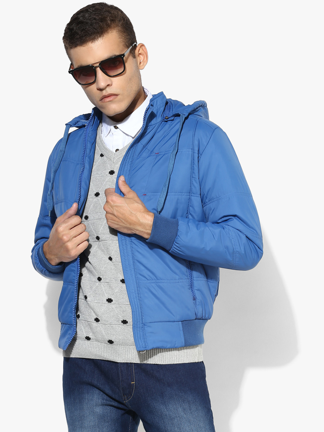 Blue Solid Quilted Jacket