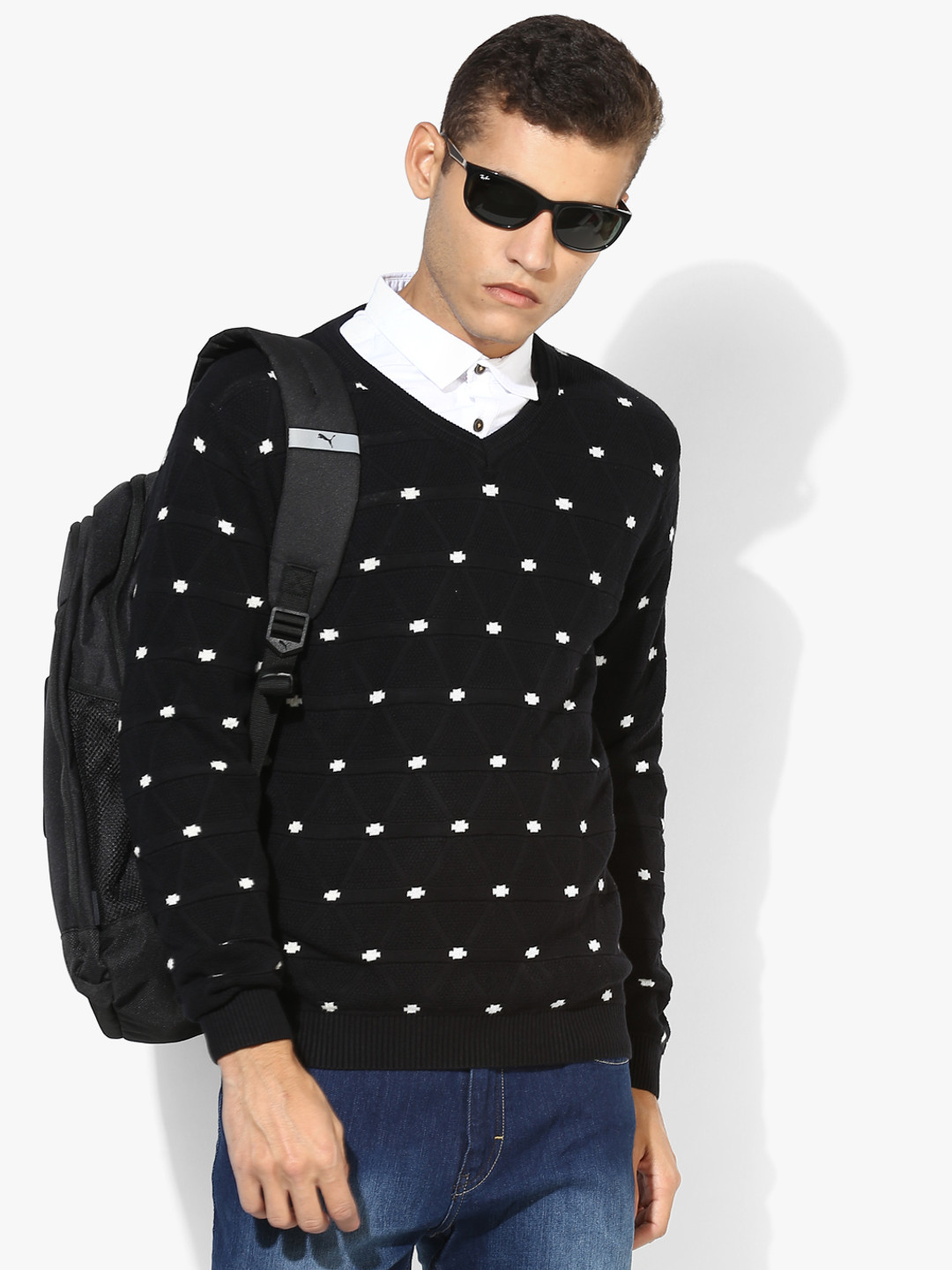 Black Textured V Neck Sweater