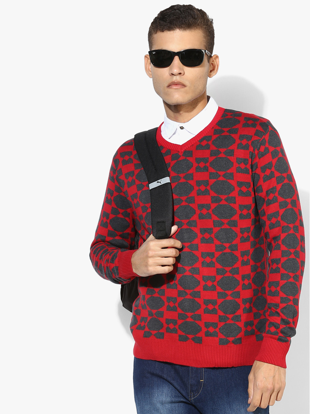 Red Printed V Neck Sweater