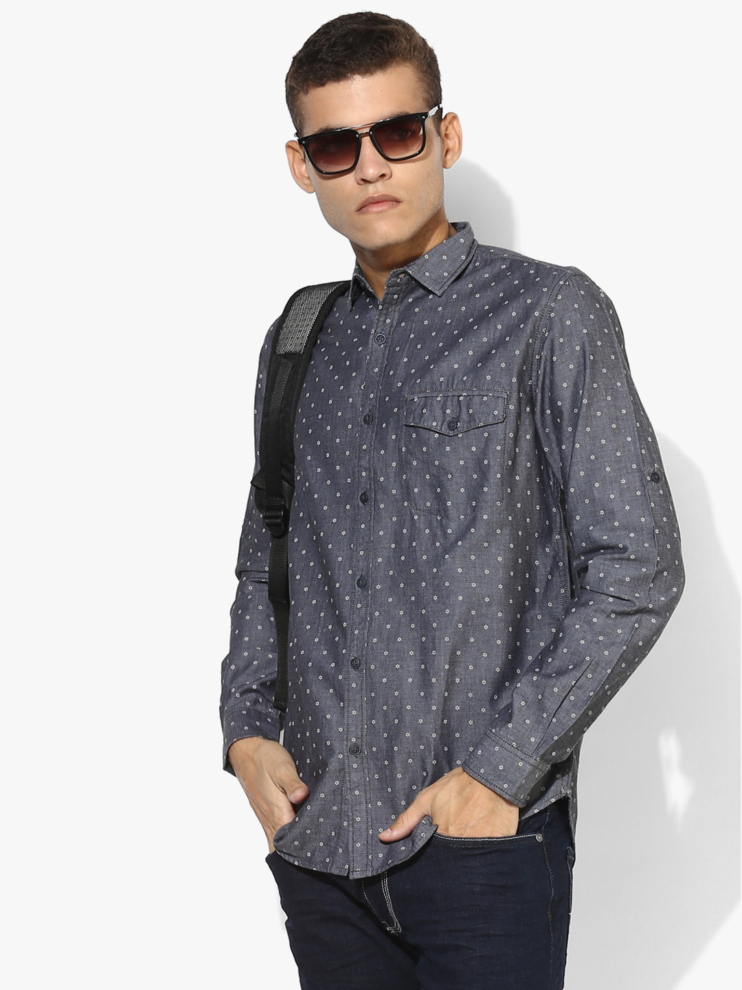 Grey Printed Slim Fit Denim Shirt