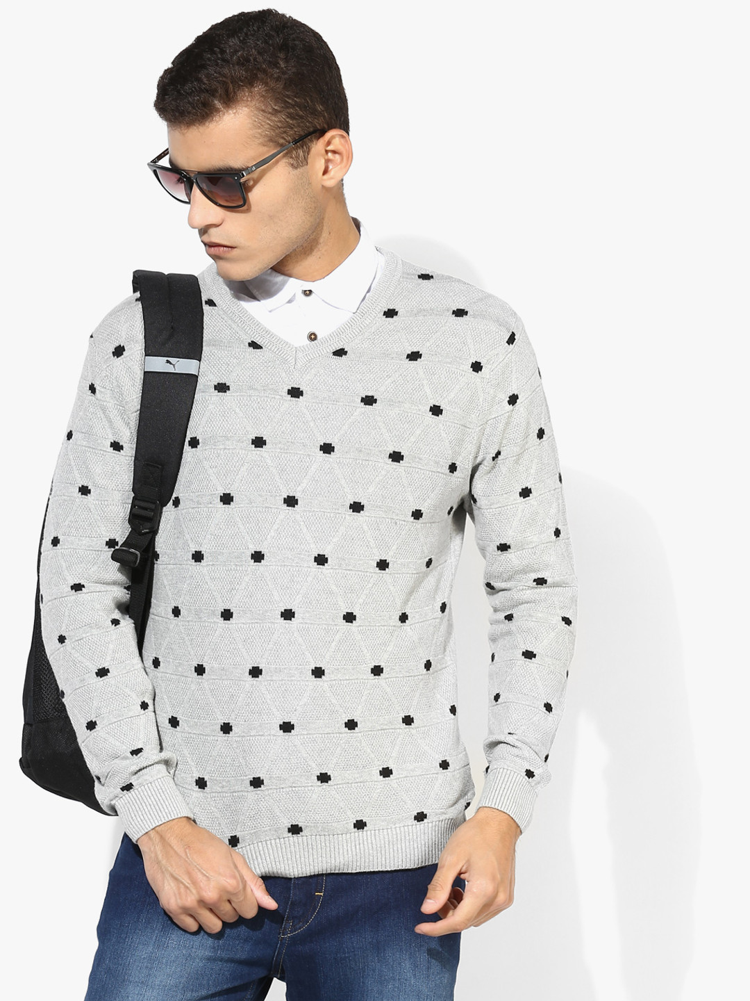 Light Grey Textured V Neck Sweater