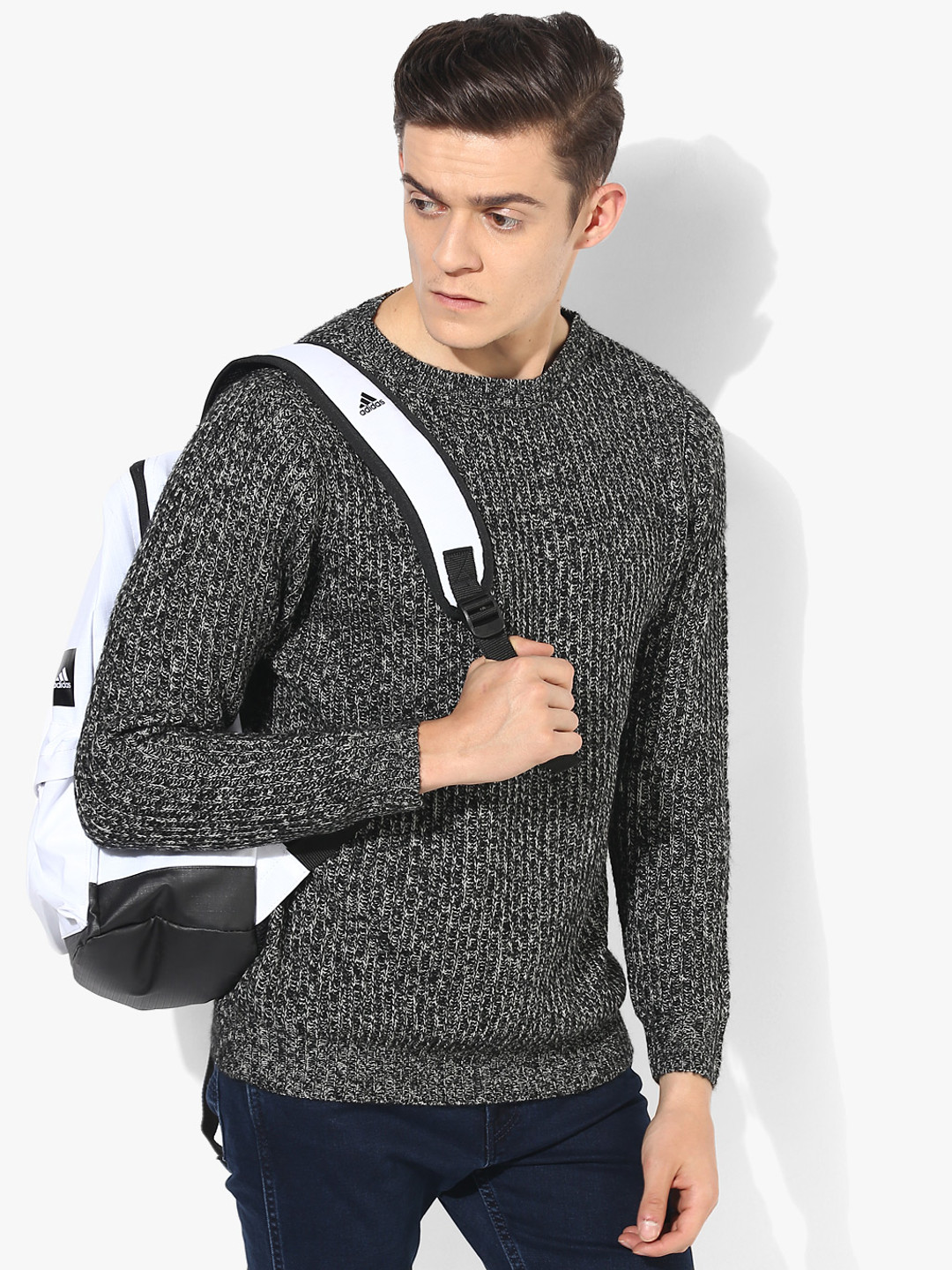 Dark Grey Textured Round Neck Sweater