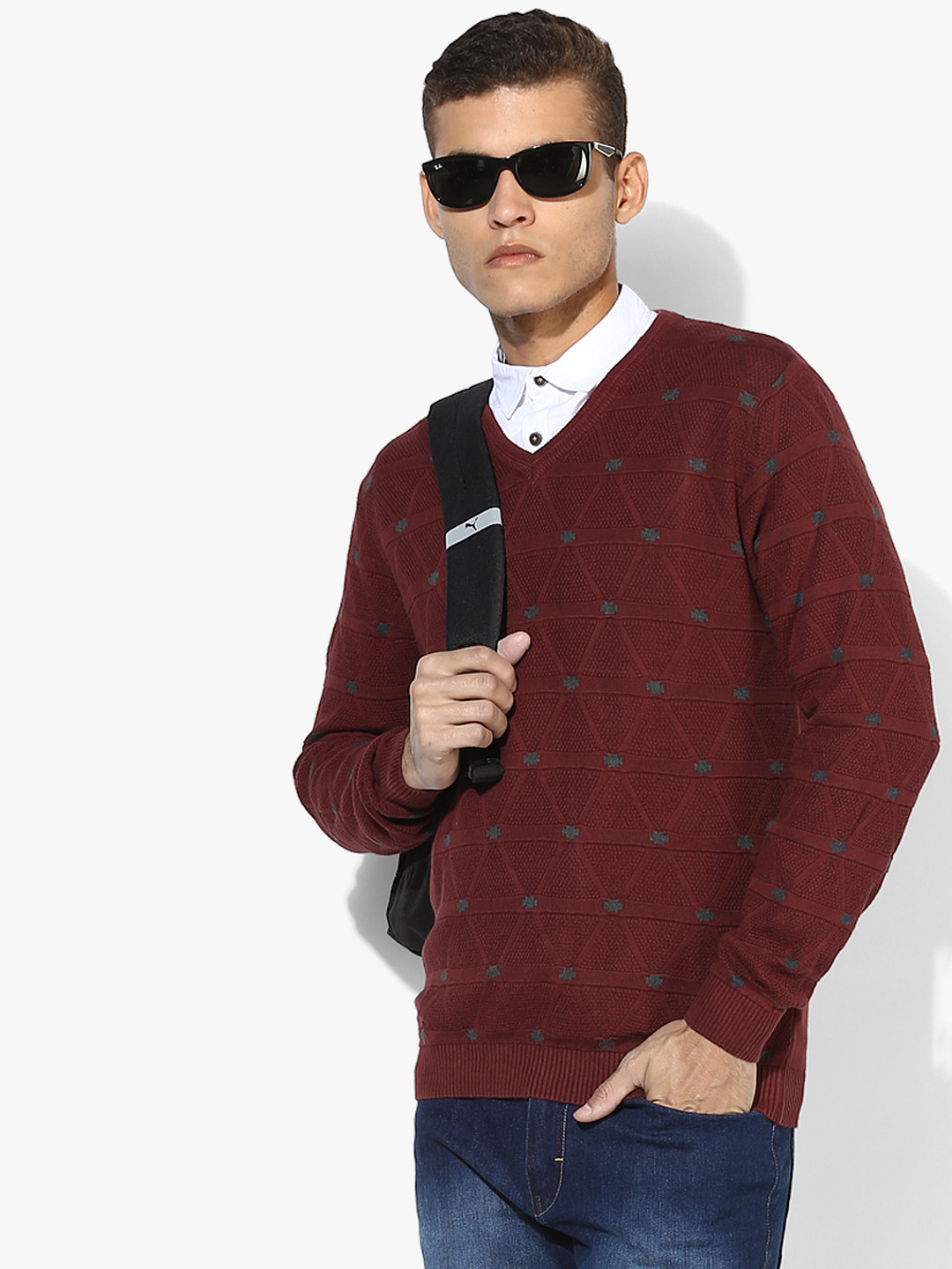 Maroon Textured V Neck Sweater