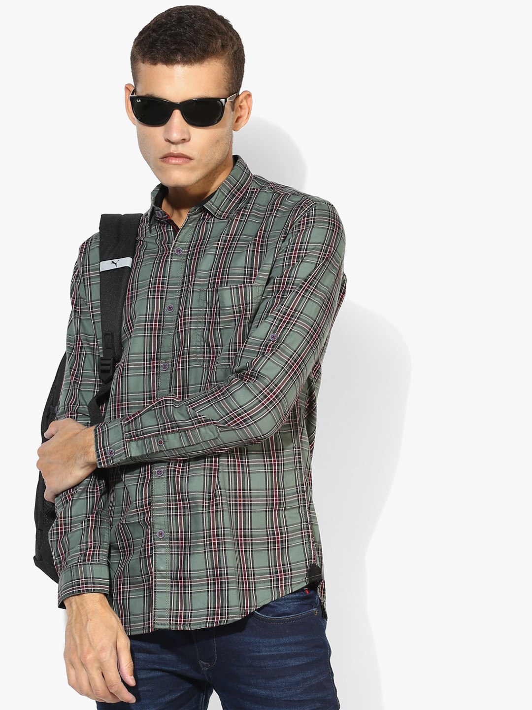 Green Checked Slim Fit Casual Shirt