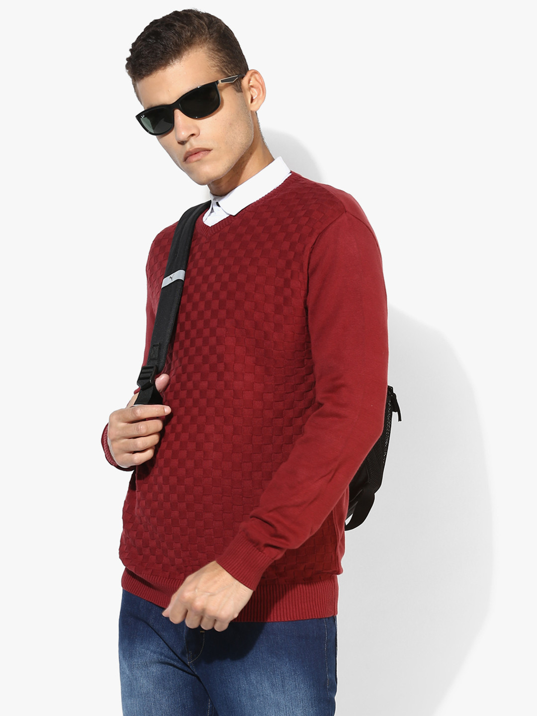 Maroon Textured V Neck Sweater