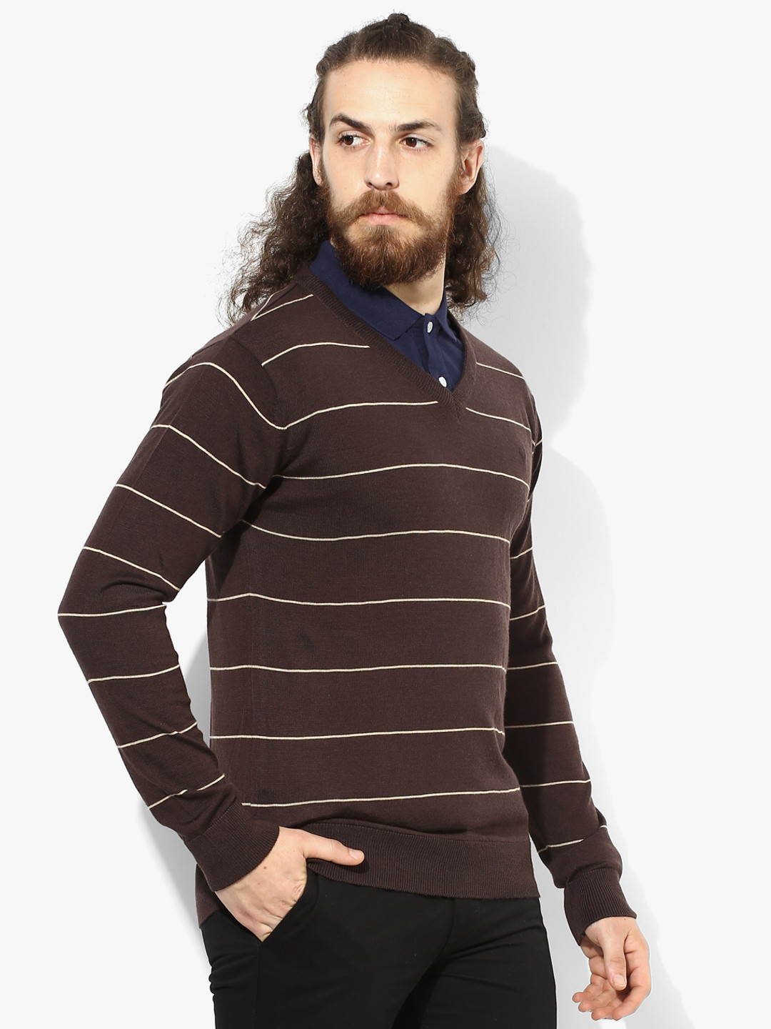 Allen Solly Men Coffee Brown & Beige Striped Wool & Cashmere Blend Pullover